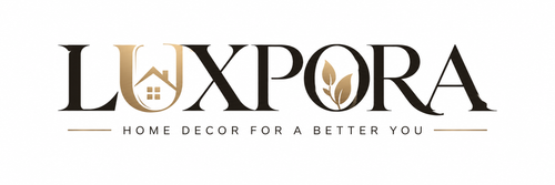 LUXPORA logo with gold and black lettering on a white background, featuring a house icon inside the letter U and leaf icons inside the letter O, with the tagline 'HOME DECOR FOR A BETTER YOU' below.